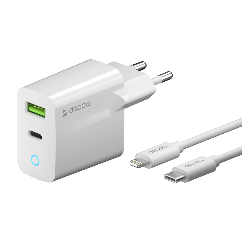 Сетевое зарядное устройство Deppa USB-A/USB-C + кабель USB-C – Lightning MFI, 20W, белый Сетевое зарядное устройство Deppa USB-A/USB-C + кабель USB-C – Lightning MFI, 20W, белый