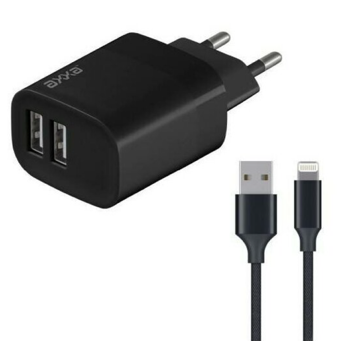Сетевое зарядное устройство Axxa 2 USB 2.4А, дата-кабель Lightning 1m, черный Сетевое зарядное устройство Axxa 2 USB 2.4А, дата-кабель Lightning 1m, черный