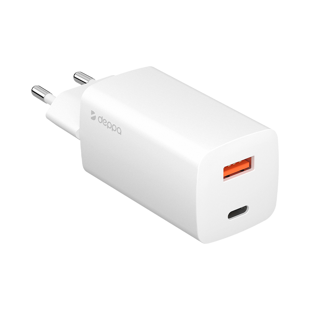 Сетевое зарядное устройство Deppa USB-A + USB-C, PD 3.0, QC 3.0, 65W, GaN, белый Сетевое зарядное устройство Deppa USB-A + USB-C, PD 3.0, QC 3.0, 65W, GaN, белый