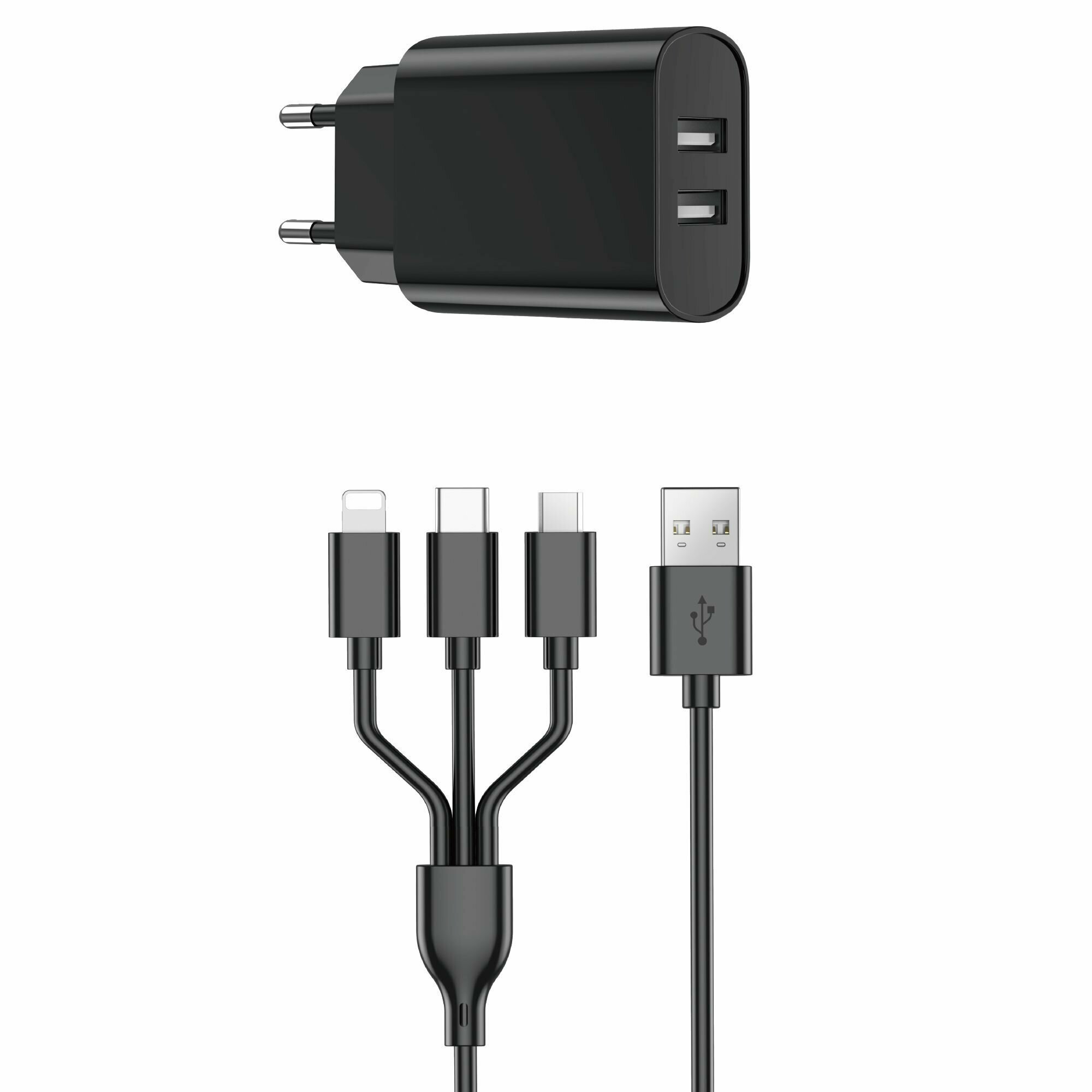 Сетевое зарядное устройство WiWU U003 USB-A + USB A + кабель 3in1 черный Сетевое зарядное устройство WiWU U003 USB-A + USB A + кабель 3in1 черный