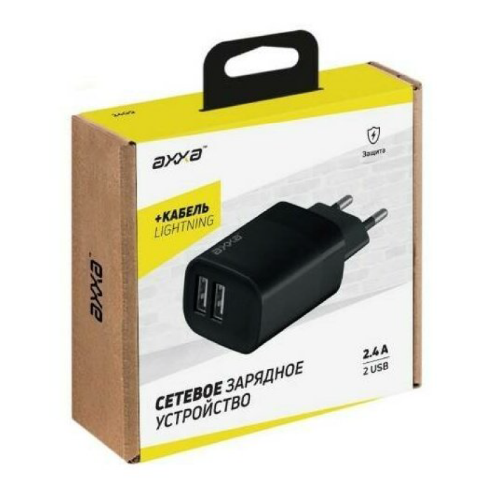 Сетевое зарядное устройство Axxa 2 USB 2.4А, дата-кабель Lightning 1m, черный Сетевое зарядное устройство Axxa 2 USB 2.4А, дата-кабель Lightning 1m, черный