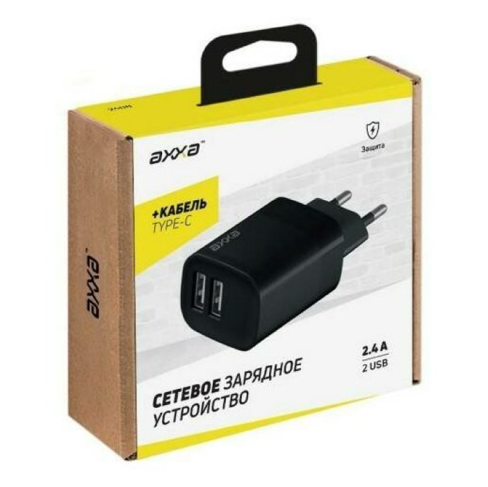 Сетевое зарядное устройство Axxa 2 USB 2.4А, дата-кабель USB-C, 1m, черный Сетевое зарядное устройство Axxa 2 USB 2.4А, дата-кабель USB-C, 1m, черный